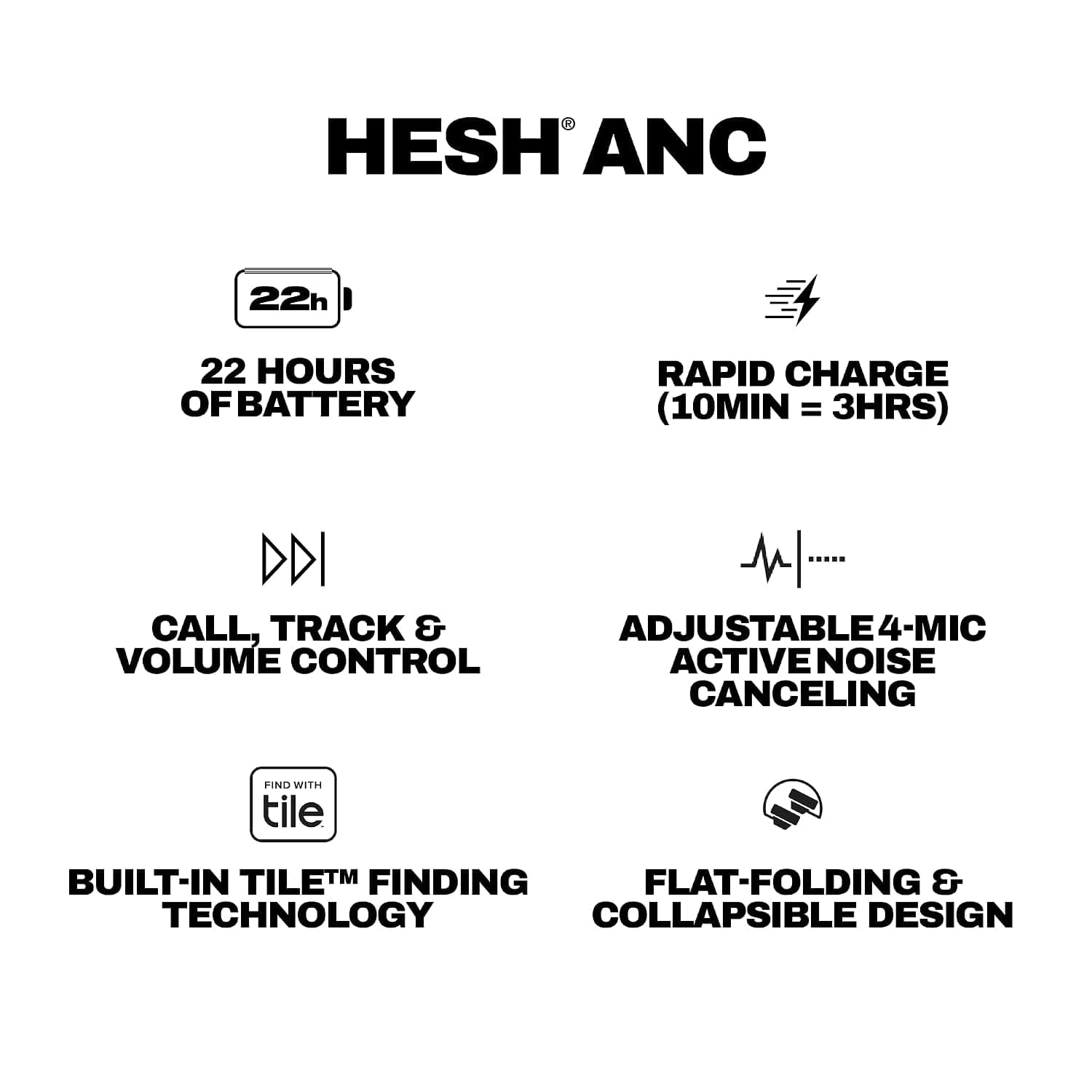 Skullcandy Hesh ANC Wireless Bluetooth Over-Ear Headphones with Mic, 100 dB Active Noise Cancellation, 40mm Drivers, 22Hr Battery + Rapid Charge, Foldable Noise Cancelling Headphones – Black - Image 9