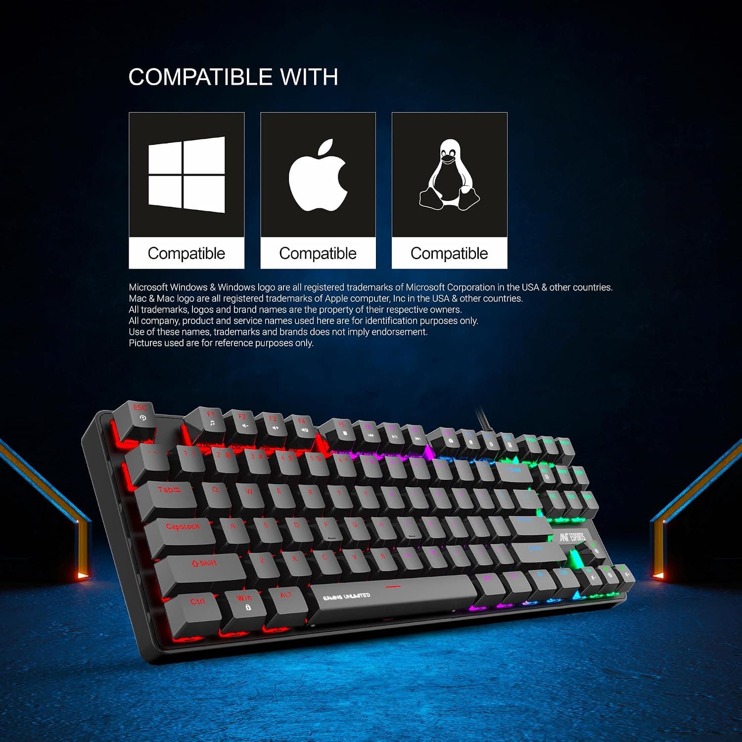 Ant Esports Gaming Keyboard MK1000 TKL Mechanical Multicolor LED Backlit Wired -Black with Blue Switch - Image 4